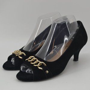 Aerosole's Heelrest Gold Chain Accent  Open Toe Black Suede Heel Shoes Size 8